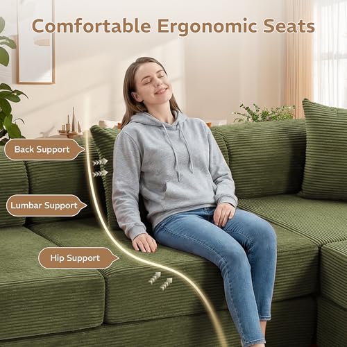 Image of 142 inch 7-in-1 Convertible Modular Sectional Sofa Bed, Green | Corduroy Fabric, Reinforced Frame, Deep Seat, Storage Bag, Tool-free Assembly for Living Room