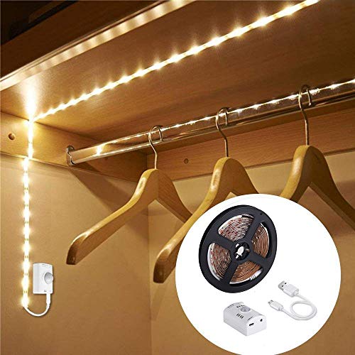 Rechargeable Wardrobe Lights, OriFiil 3M/10FT LED Strip Lights, Motion Sensor Activated, Auto on/Off and Timer,3000K Warm White for Closet, Under Cabinet Cupboard, Bed Wake Up Night Lights