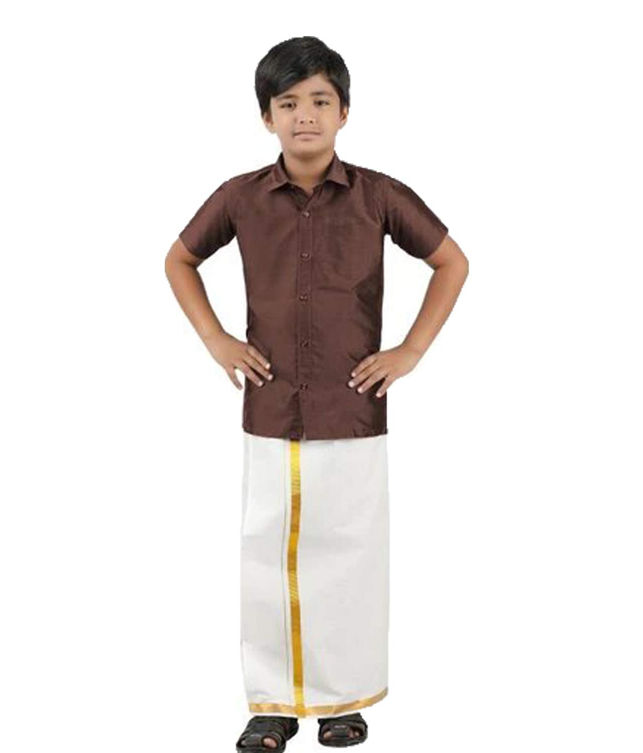 SJS-Boys Pure Cotton Dhoti/Silk Shirt for Traditional Look (Coffee Maroon, 1-2 years) - Image 1