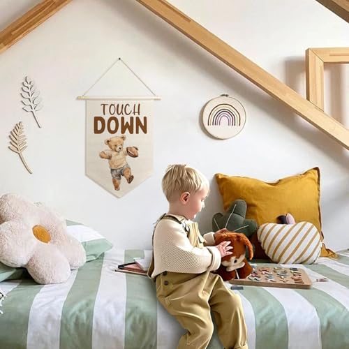 ArtisaEura Bear Nursery Football Wall Canvas Banners, Bear Nursery Decor, Touch Down Football Hanging Display Pennant Banner Flags, Cute Animals Wall Decor for Kids Room Bedroom Playroom