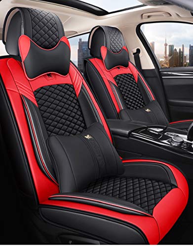 ZQY Comfortable Leather Auto Car Seat Covers 5 Seats Full Set Universal Fit (Lu Black & Red)
