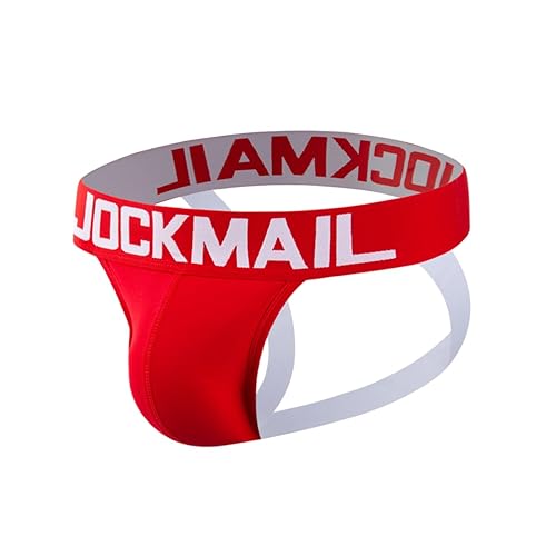JOCKMAIL Mens Jockstrap Underwear Wide Belt Athletic Supporter Mens Thongs Sport Underwear Jock Strap - Large - 204red