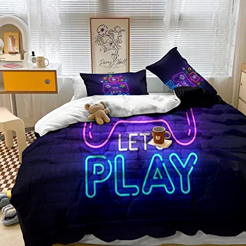 Milanket Gaming Comforter For Boys Twin Size, Gamer Gamepad Kids Bedding Comforter Sets For Boys With 1 Comforter 2 Pillowcases, Abstract Neon Style, Geometry Brick Wall Video Game #TOP1