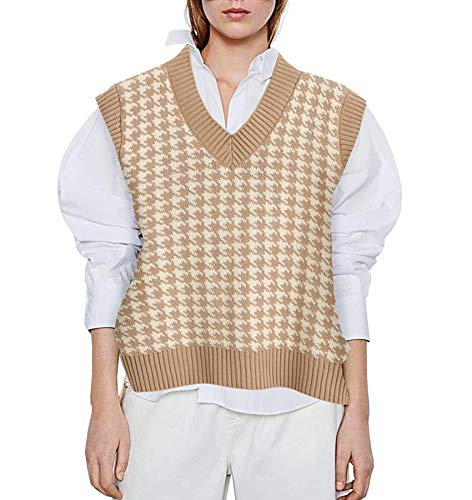 Women's Pullover Sweaters Oversized Knitted Sweater Vest V Neck Ladies Fall Vintage Shirts Tops Khaki Medium