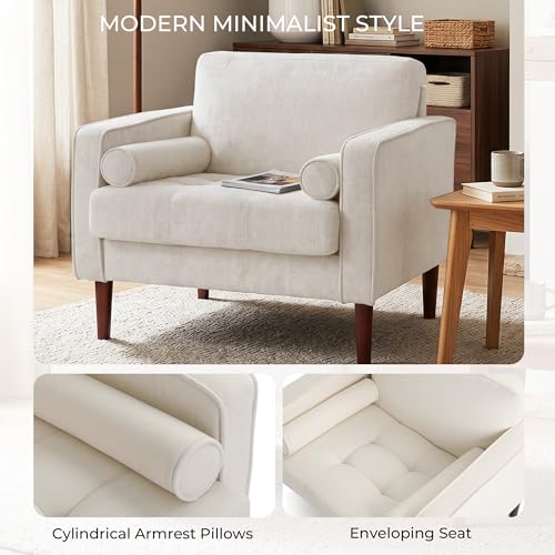 Image of Accent Chairs Stet of 2, Chenille Upholstered Armchairs for Living Room, Comfy Single Sofa Bedroom Reading Seat with 2 Bolster Pillows, Beige