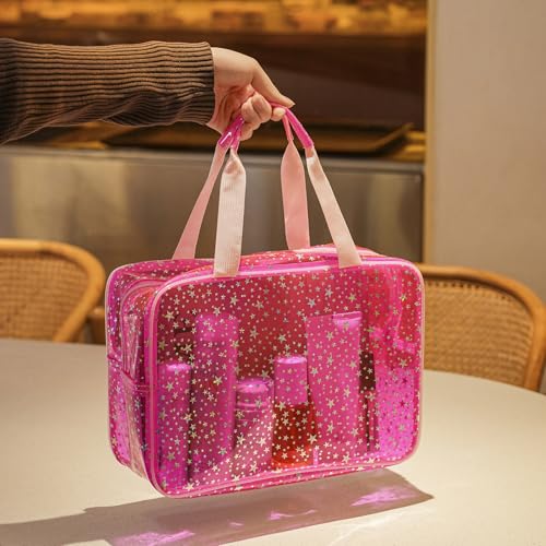 Clear PVC Star Large Cosmetic Bag, Transparent Large Zippered Opening Makeup Bag, Portable Waterproof Travel Bag with Handle, Gym, Swimming and Beach Bag (01Pink)3