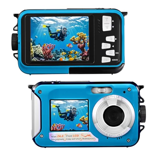 Digitalkamera, wasserdicht, Full HD 2,7 K, 48 MP, Doppelbildschirm, Anti-Vibration, Selfie, Doppelbildschirm, 16 x Zoom, Kamera für Schwimmen, Urlaub (blau)