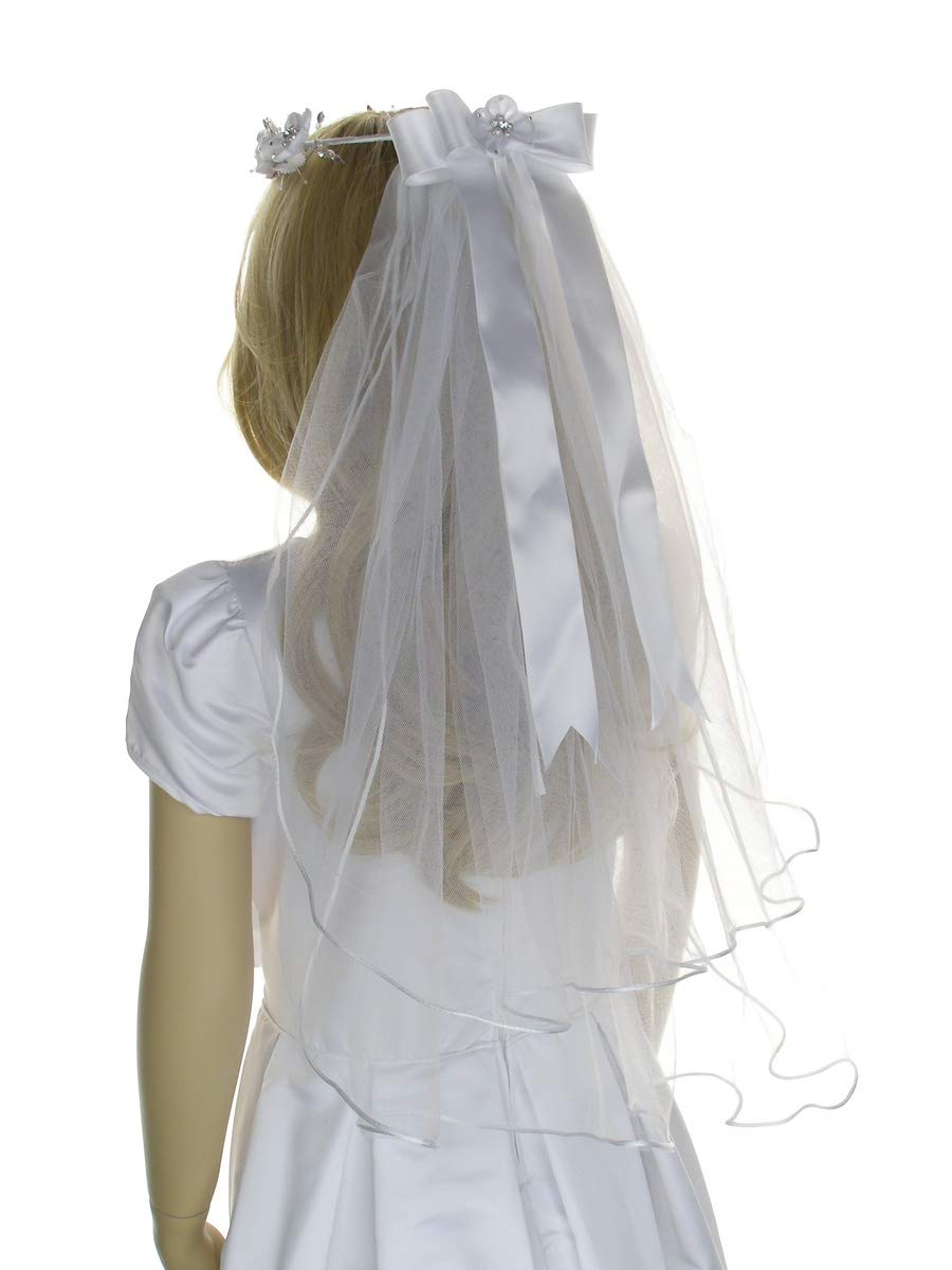 DivaDesigns Flower Girl Communion Party Wedding Girl's Veil with Below Elbow Length Stretch Satin Gloves