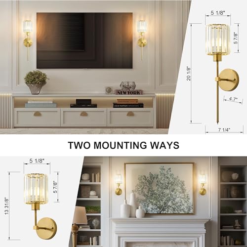 Image of KARTOOSH Hardwired Crystal Wall Sconces Set of 2 | 20.1 Inch Brass Wall Lights Dimmable 3000K Warm White Wall Lamps for Hallway, Bathroom, Living Room, Bedroom