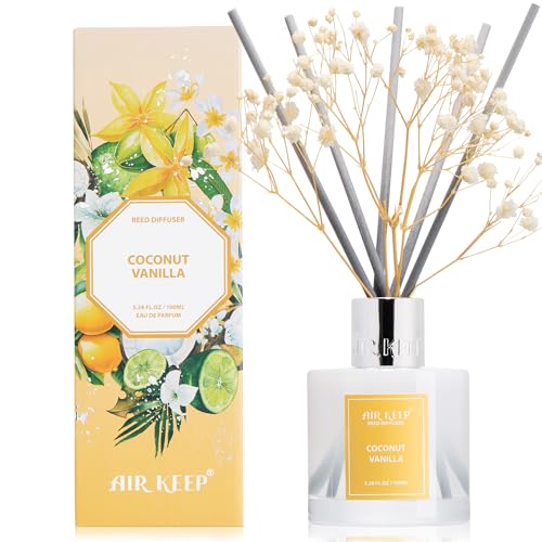Airkeep Raumduft Coconut Vanilla Reed Diffuser mit 8 Duftstäbchen langanhaltender Lufterfrischer für Badezimmer Schlafzimmer & Wohnzimmer stilvolle Heimdekoration 100m