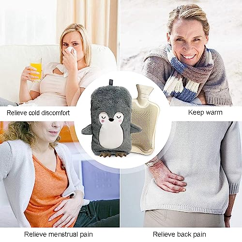 Wärmflasche mit Bezug 2 Liter, Wärmflaschen Tier Groß, Wärmflasche Kinder Pinguin, Wärmeflasche mit Kuschelig Flauschig Kunstpelz Bezug, Handwärmer Silikon Weichem für Hand Fuß Körper Warmhalten