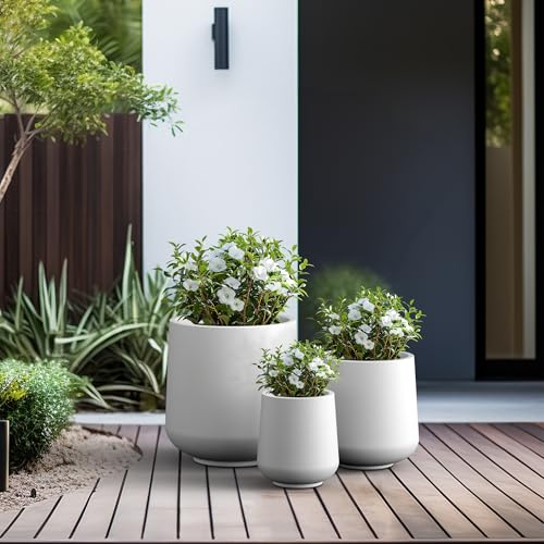 Image of Kante Set of 3 White Concrete Curved Planters 16.5 inch 13 inch 9.4 inch Dia | Drainage for Outdoor, Rubber Plug for Indoor Home, All-Weather Cement Pot, Handcraft, Lightweight & Durable, Anti-UV, Round
