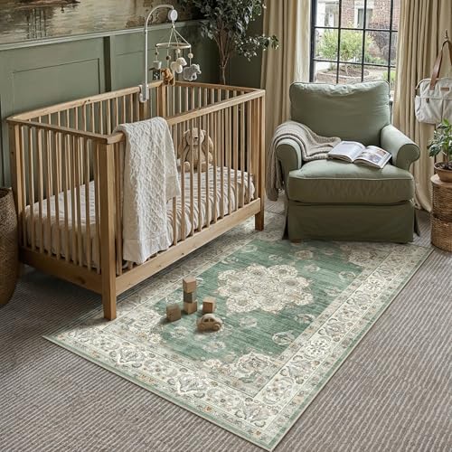 4x6 Beige Area Rugs for Living Room Washable Non Slip Vintage Rugs Low Pile Soft Floral Traditional Distress Print Carpet for Bedroom Dining Room Home