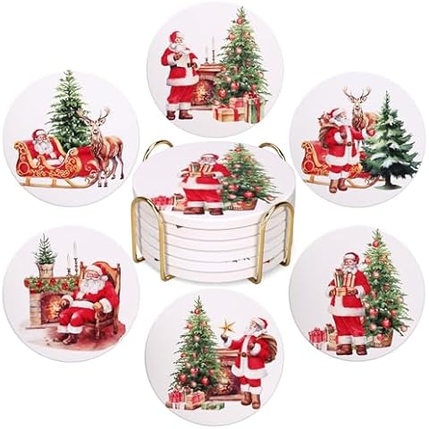 Christmas Coasters Set of 6 Christmas Drink Coasters with Holder Christmas Tree Coasters Gifts Round Ceramic Christmas Coasters Holiday Coasters Absorbent Coasters Cute Coasters for Coffee Table Decor Cover