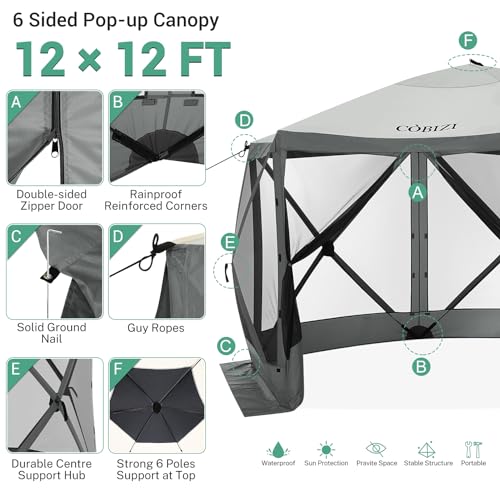 Image of COBIZI 12x12 FT Pop Up Canopy Shelter Tent, Large Gazebos On Clearance with Sidewalls, Screened in Gazebo, Screen Tents Portable carpas para Patio for Outdoor Camping, Backyard, Garden, Beach,Grey