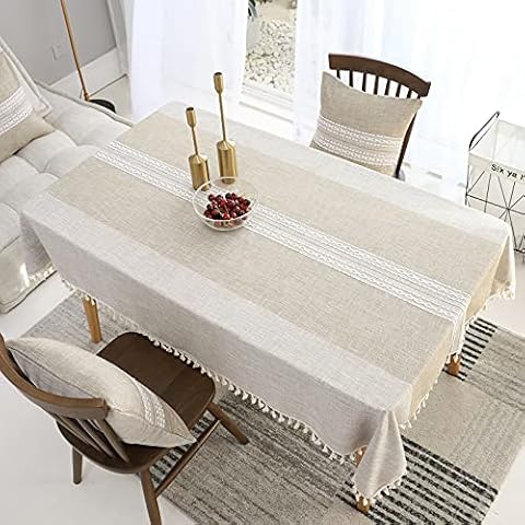 VIVILINEN Tischdecke Rechteckig Stoff Baumwolle Leinen Quaste Design Faltenfrei Waschbar Wiederverwendbar Cover