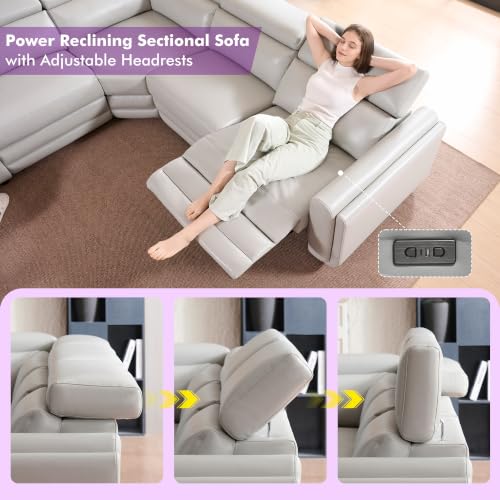 Image of Power Recliner Sofa, Leather Sectional Couch for Living Room, Light Grey | 3 Bluetooth Speakers & Hidden Storage, Modern L Shaped Reclining Couch with 6 Charging Ports