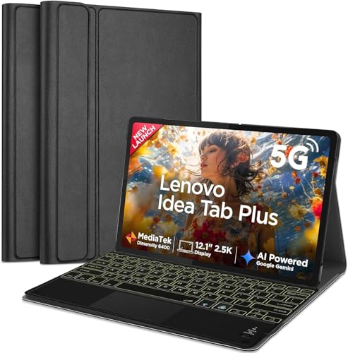Image of HOM Tri-Fold 7-Colour Backlight Detachable Wireless Bluetooth Keyboard with Trackpad /Touchpad Tablet Cover Case for Lenovo Idea Tab Plus 12.1 inch - Black
