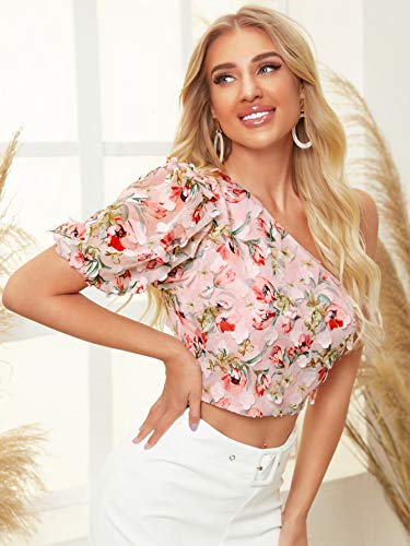 SOLY HUX Women's One Shoulder Puff Short Sleeve Printed Crop Top Blouse Pink Floral Appliques S - Image 4
