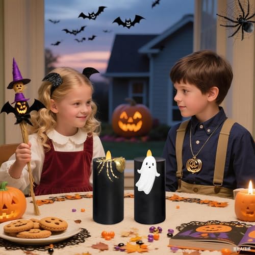 Image of Halloween Flameless Candles with Remote & Timer, Real Wax Hand-Carved Painted Ghost Spider LED Candles for Home Party Haunted House Horror Theme Halloween Decor, 3 inch x 7 inch Set of 2