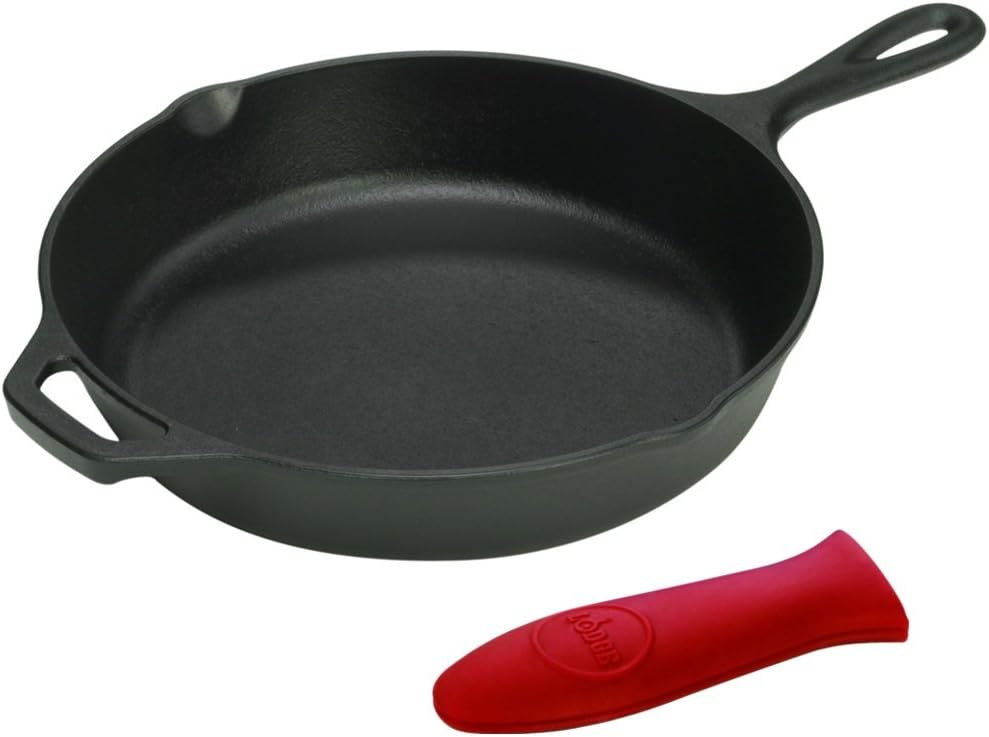 Lodge Logic 13.25 Inch Cast Iron Skillet with Helper Handle and Red Silicone Handle Holder