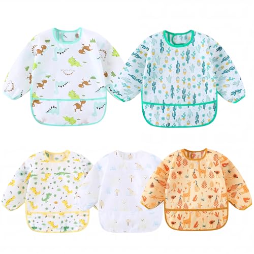 Image of Hafftnun 5-Pack Baby Long Sleeve Waterproof Bib Full Coverage Apron Bib Smock Toddler Bibs with Pocket 3-30 Months