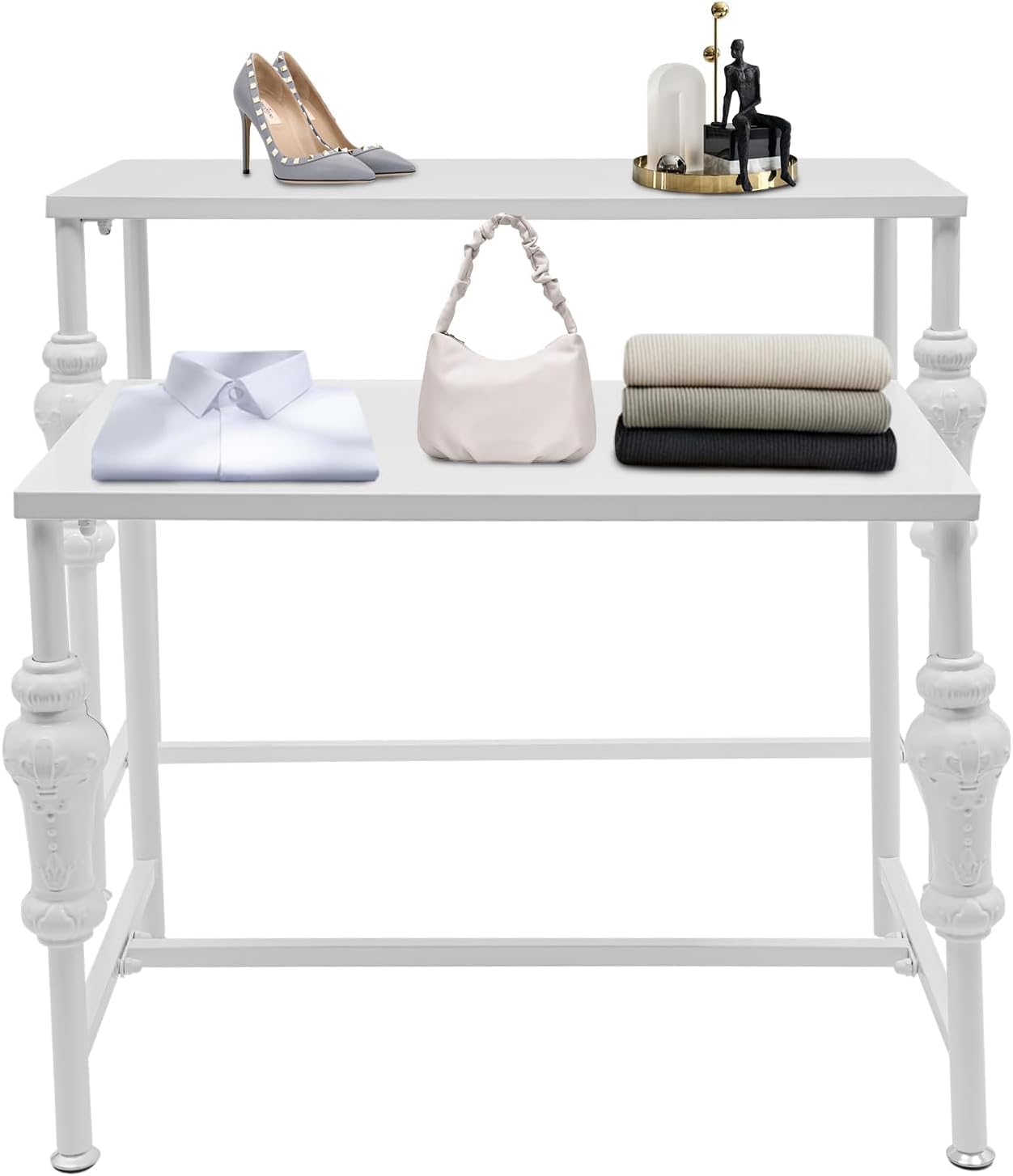 2-Tier White Nesting Tables, Storage Organizer for Clothes, Shoes, Handbags | Multi-Level Display Stand for Bedroom, Entryway, Boutique