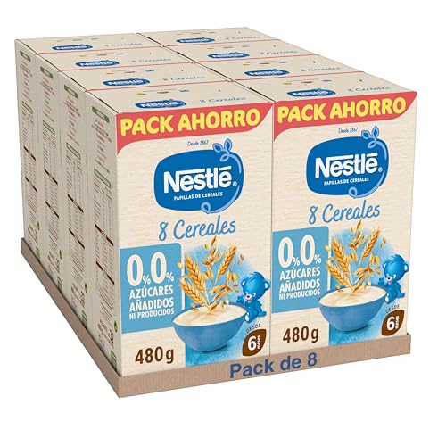 NESTLÉ 0%0% Papilla 8 Cereales 480g, sin azúcares añadidos ni producidos, a partir de 6 meses, pack de 8