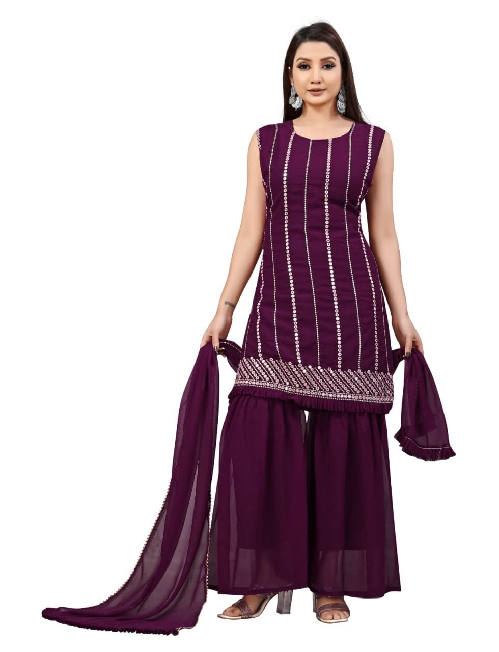 Anvruya BoutiqueWomen's Georgette Stylish Kurta Solid Sharara with Dupatta Set
