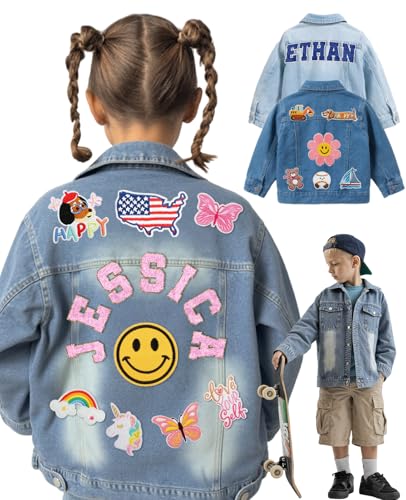 Personalized Kids Jean Jacket with Name Patch for Girls Boys Custom Denim Long Sleeve Jacket Coat, Birthday Christmas Gifts 1-12 Years