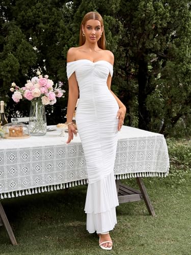 Image of URYIAO Off Shoulder Maxi Dress for Women Ruched Bodycon Formal Wedding Guest Long Dresses L White