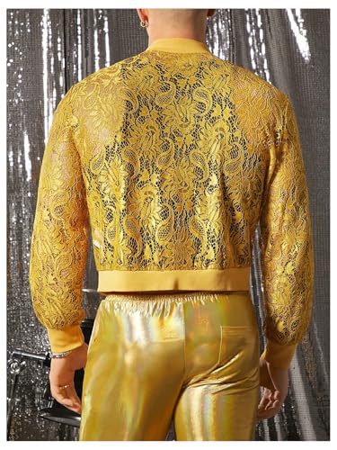 Image of WDIRARA Men's Floral Lace Bomber Jackets Long Sleeve See Through Outerwear