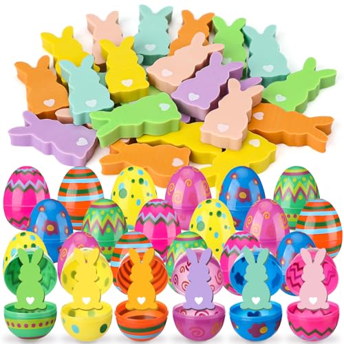 Jenaai 24 Sets Easter Bunny Erasers with Easter Eggs Cute Mini Rabbit Erasers Bulk for School Classroom Students Prizes Homework Rewards Egg Hunt Gifts Stationery Basket Filler Party Favors