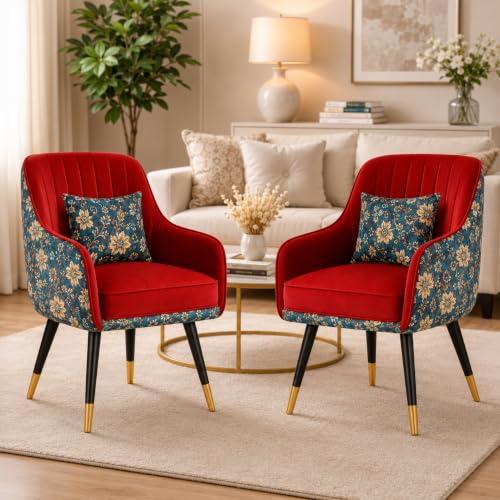 Image of Velvet Chair with Pillow for Home | Modern Accent Armchair in Soft Velvet Fabric with Golden Legs | Premium Accent Chair for Living Room Bedroom Restaurent | (Red, Standard Floral)