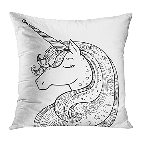 Emvency Decorative Throw Pillow Covers Cases Unicorn Magical Animal Black And White Coloring Book Pages For Adults And Kids Funny Character 20X20 Inches Pillowcases Case Cover Cushion Two Sided #TOP4