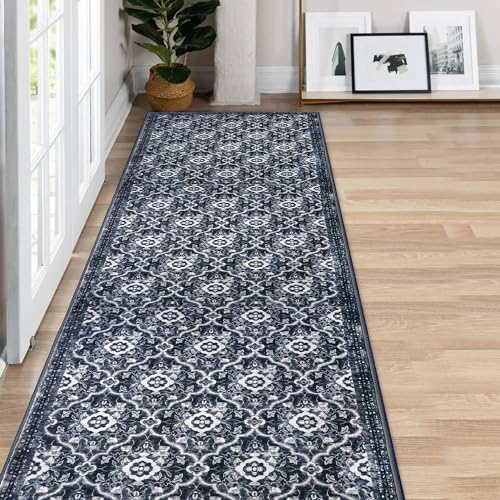 KILOCOCO 2x8 Runner Rug, Moroccan Super Soft Washable Hallway Runner Rug, Accent Print Faux Wool Kitchen Runner Rug 8 Feet Non-Slip Rug Runner for Laundry Room Bedroom, Black/Navy Blue White