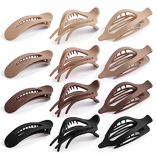 Waimemoya 12 Pack Flat Hair Clips, French Design, Alligator Hair Clips for Women, Oval Barrette Jaw Clips, Strong Hold Side Hair Clamps , Matte Claw Clips for Thick Hair, Various Natural Shades