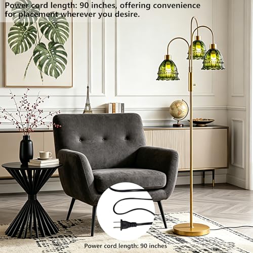 Image of 3-Light Glass Floor Lamp with Green Ribbed Glass Shades, 70 inch Gold Dimmable Tall Standing Lamp with 3PCS 3000K Warm White Bulbs, Modern Tree Pole Lamp for Living Room Bedroom Home Office Corner Decor