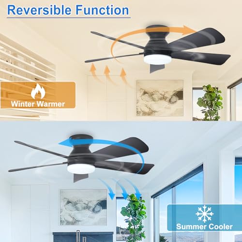 Image of Depuley 42-Inch Ceiling Fans with Lights: Flush Mount Ceiling Fan with Remote Control Indoor /Outdoor- Black 5 Blade Low Profile Fandelier for Kitchen Gazebo - Reversible Quiet Timer - 2 Packs