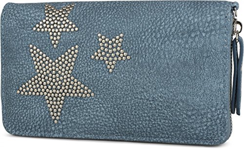 Preisvergleich Produktbild styleBREAKER Geldbörse mit Nieten Stern, umlaufender Reißverschluss und Handschlaufe, Portemonnaie, Damen 02040043, Farbe:Jeansblau