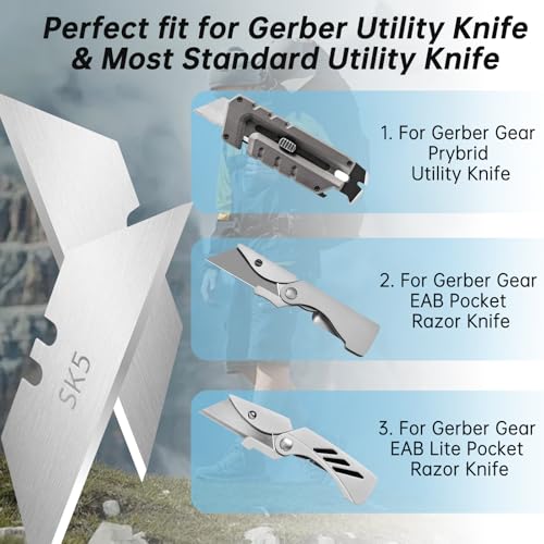 Image of Utility Knife Blades for Gerber Utility Knife, 20 Pack Replacement Blades, Durable SK5 Steel Heavy Duty Box Cutter, Non-Rusting with Plastic Case, for Most Standard Utility Knives