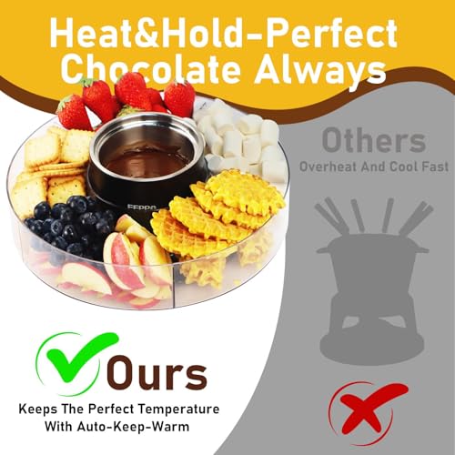 FEPPO Cordless Electric Fondue Pot Set with Mood Light - 7 Roulette Cards & Detachable Serving Tray, 13.5 oz Chocolate Melting Machine, Ideal Gift for Holiday, Family, Parties & Camping