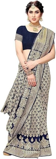 Sv Glboal Women's Trendy Banarasi Kanjivaram Navy Color Art Silk Saree with Blouse Material