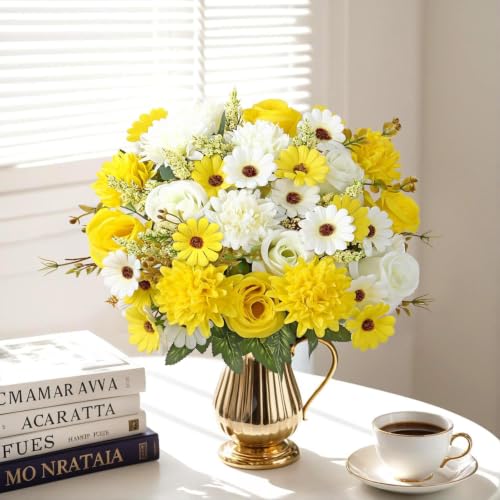 Image of Artificial Flower Bouquet for Home Decoration - 2 Pcs Faux Rose & Daisy Bouquet (Without Pot) Artificial Flowers for Living Room, Bedroom, Office, Vase Decoration (Yellow)