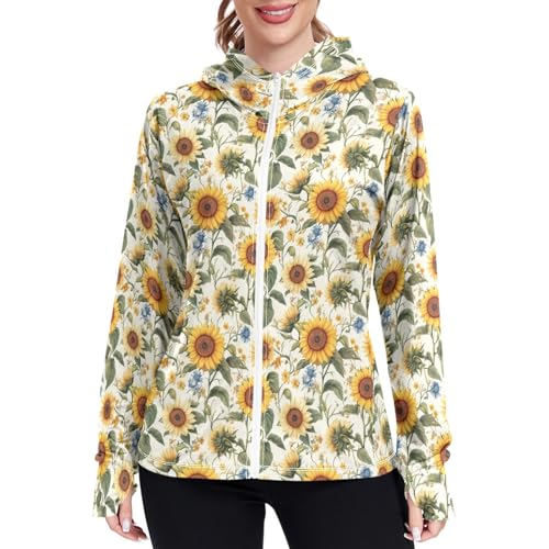 Womens Sun Protection Hoodie Jacket Lightweight Zip Up Jackets for Women UPF 50+ Clothing for Hiking Golf Cycling XL Sunflowers