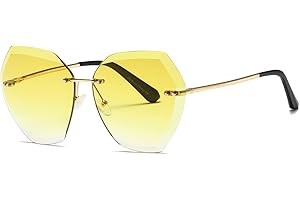 Diamond Cutting Impact Resistant Yellow Lens Oversized Rimless Sunglasses for Women AE0534