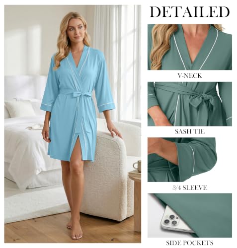 Image of PrinStory Womens Robe Knee Length Soft Knit Bathrobe S-2XL | V-Neck 3 /4 Sleeve Robes with Pockets, Lightweight, Breathable Bath Robe for Shower, Spa, Travel, Home, Party, Nursing