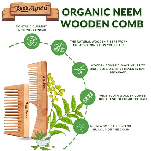 Image of Handmade Kacchi Neem Wooden Comb For Men & Women Detangling, Frizz Control & Shine, Suited For All Hair Diffrent Type of Kangi Combo Pack 2pis (Handle + Wide Tooth)