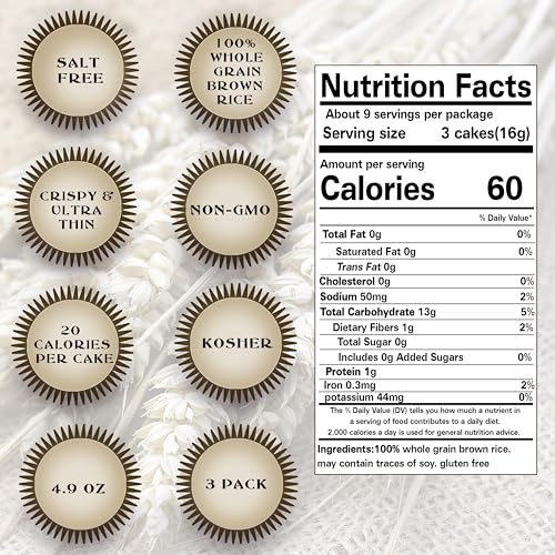 Salt Free Rice Cakes Unsalted - Ultra Thin Rice Cakes - Whole Grain Brown Rice Cakes - Fat Free, Non GMO, Gluten Free Rice Cakes - Low Calorie Snacks - All Natural - 3 Pk - Thumbnail 2
