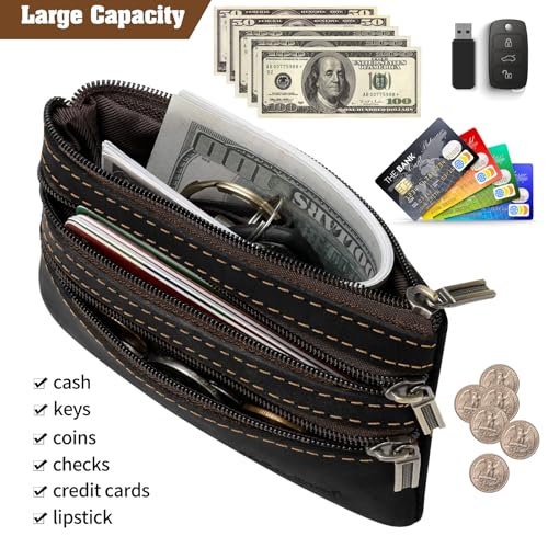 Jack&Chris Coin Purse Pouch for Men, Genuine Leather Coin Purse Zipper Pocket with Keychain Ring, Coin Bag for Men,JC301-Black3